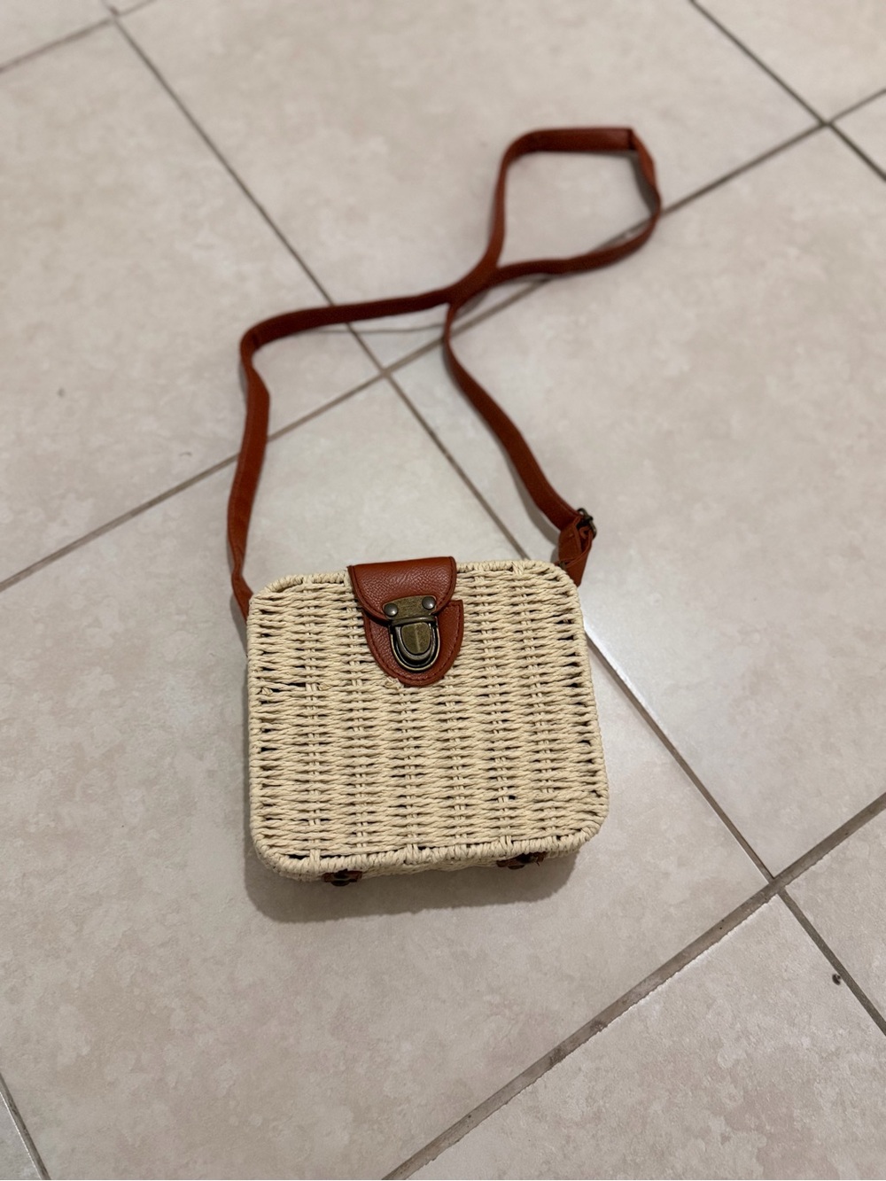 Woven Straw Crossbody Bag with Brown Trim